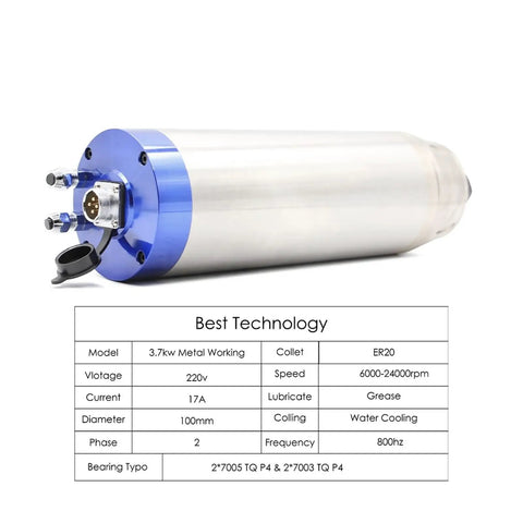Pro Grade And Built Tough 3.7KW Water Cooled Metal Processing Spindle With ER20 Collet For CNC Routers angle view with detailed specs