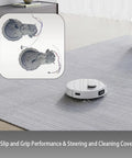 Front view: white round robotic vacuum on gray rug; inset shows two gray Ecovacs Deebot left wheels as replacement parts.