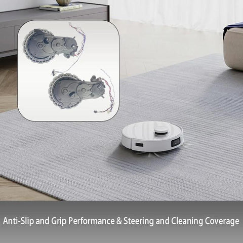Front view: white round robotic vacuum on gray rug; inset shows two gray Ecovacs Deebot left wheels as replacement parts.