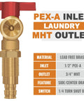 Washer Box With Pex A Expansion Inlet One Half Inch To Three Quarters Inch MHT Outlet Brass Valves Installed And Four Expansion Rings For Easy Hookup To Your Washing Machine And Laundry Piping. 1/2in PEX-A to 3/4in MHT brass inlet valve