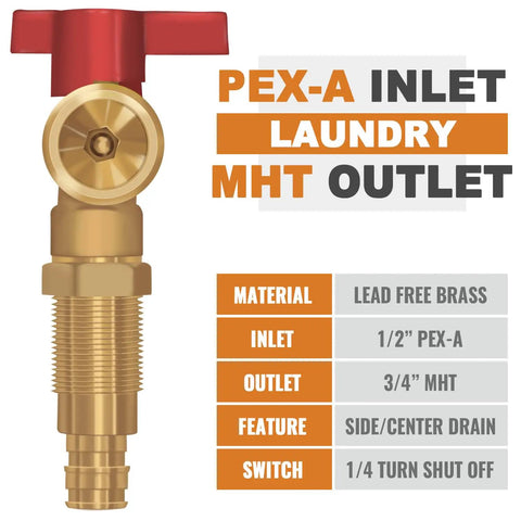 Washer Box With Pex A Expansion Inlet One Half Inch To Three Quarters Inch MHT Outlet Brass Valves Installed And Four Expansion Rings For Easy Hookup To Your Washing Machine And Laundry Piping. 1/2in PEX-A to 3/4in MHT brass inlet valve