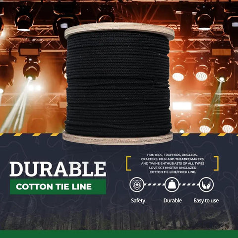 Unglazed Cotton Tie Line With Polyester Core For Theatrical Props, Decor And Hunting, black spool in theater setting