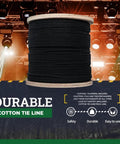 Unglazed Cotton Tie Line With Polyester Core For Theatrical Props, Decor, Cable Management, And Hunting, Weatherproof Tie Down Rope, 1/8 In X 3000 Ft, Black spool in stage setting