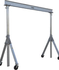 Heavy Duty Welded Aluminum Adjustable Height Gantry Crane With Greased Up Glass Filled Nylon Swivel Casters, 12 ft tall, 8 ft wide.