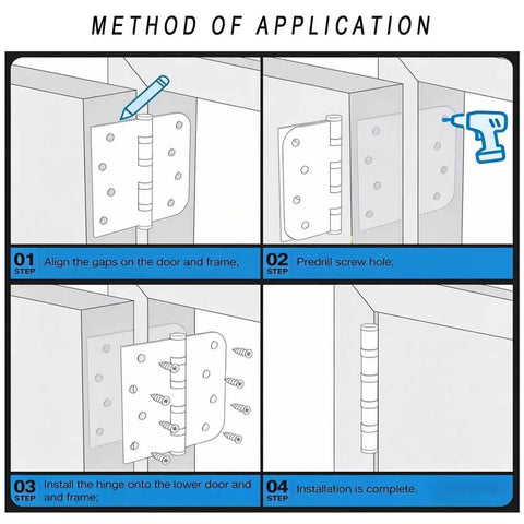 Installation steps for Built Tough 4 Pack Heavy Duty Satin Brass Hinges In Stainless Steel Four Inch Size Satin Gold Finish