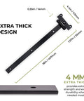 Extra thick design of 18-Inch Matte Black Barn Door Hinges, Heavy Duty 4mm Thick Iron Gate Hinges with measurements and material details.