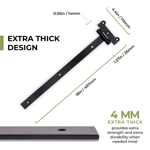 Extra thick design of 18-Inch Matte Black Barn Door Hinges, Heavy Duty 4mm Thick Iron Gate Hinges with measurements and material details.