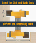Built Different Slab Flattening Router Bit With 1/4 Shank And 1 Inch Diameter, showcasing slot and flattening cuts features.
