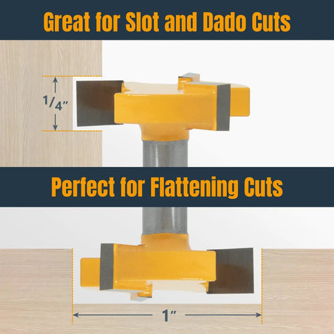 Built Different Slab Flattening Router Bit With 1/4 Shank And 1 Inch Diameter, showcasing slot and flattening cuts features.