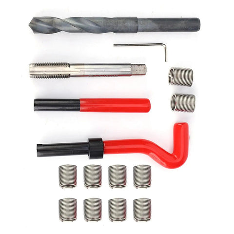 15-Piece M14x1.5 Stainless Steel Helical Thread Repair Insert Kit With Tools including inserts, drill, tap, and wrench