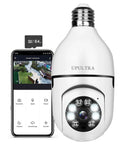 Wireless Security Camera 1080P With PTZ And 360 Degree Panoramic View No Fuss Setup shown with smartphone and 64GB card