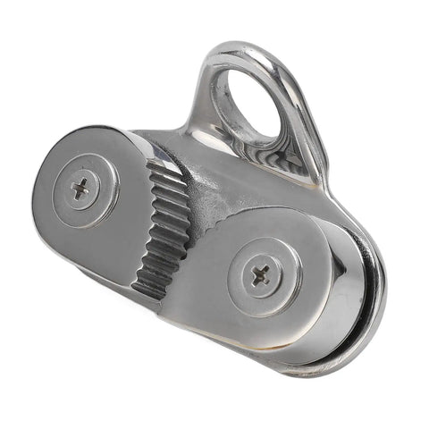 Marine Grade 316 Stainless Steel Cam Cleat For 3 To 15mm Ropes, silver piece showing cam tooth design, front view