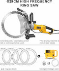Super Heavy Duty 8000W Electric Concrete Circular Saw Built For Toughest Masonry Projects With 290mm Deep Groove Cuts, showing saw and ring blades.