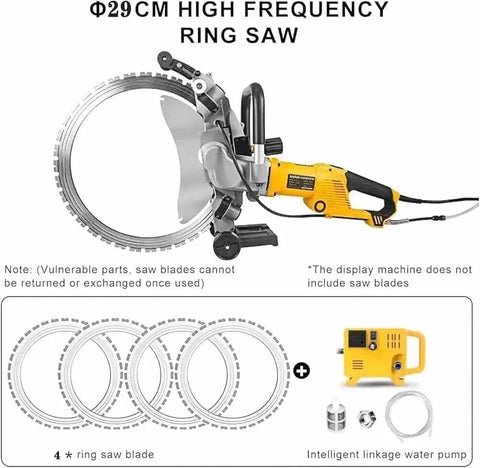 Super Heavy Duty 8000W Electric Concrete Circular Saw Built For Toughest Masonry Projects With 290mm Deep Groove Cuts, showing saw and ring blades.