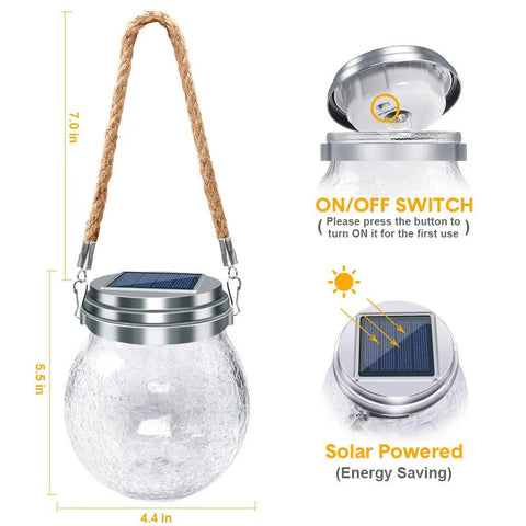 Outdoor Solar Lanterns 2 Pack IP65 Waterproof Hanging Lights With Warm Amber and RGB Glow Crackle Glass Ball with measurements.