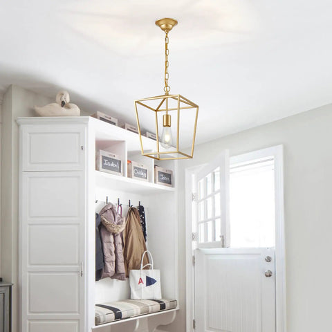 Industrial Gold Lantern Pendant Light With Iron Cage E26 Chandelier for dining room and kitchen, geometric frame in entryway