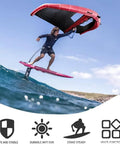 Man using Inflatable Surf Wing For Water Sports, Handheld Wind Wing Kite Surf Gear over waves, showcasing surfing capabilities.