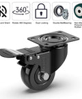 Close-up of a black heavy duty caster wheel with brake and screws, silent rubberized castor for smooth mobility, 440 lbs capacity, non-marking.