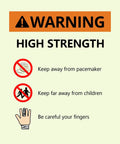 Safety warning poster for high-strength magnets showing pacemaker, children, and finger icons on pale yellow background.