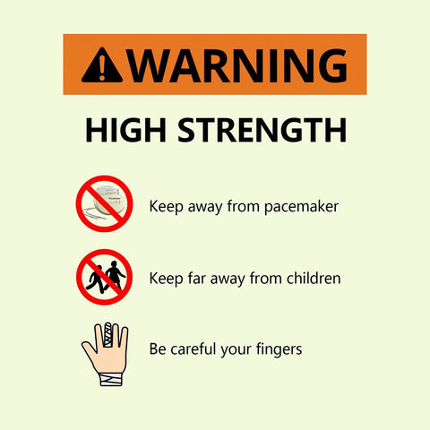 Safety warning poster for high-strength magnets showing pacemaker, children, and finger icons on pale yellow background.