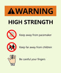 Warning label for 16 Pack Half Inch Neodymium Disc Magnets N52 Rare Earth, Rust Resistant, with safety precautions for use.