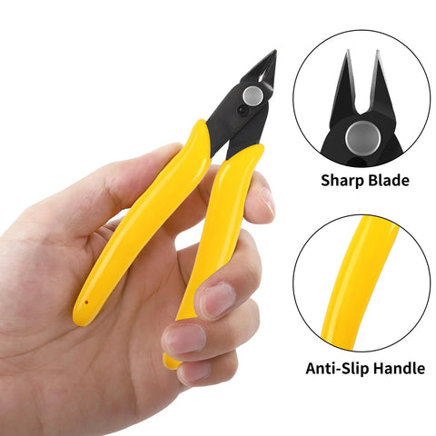 HongWay 5in diagonal micro flush cutters with yellow anti-slip handle held in hand