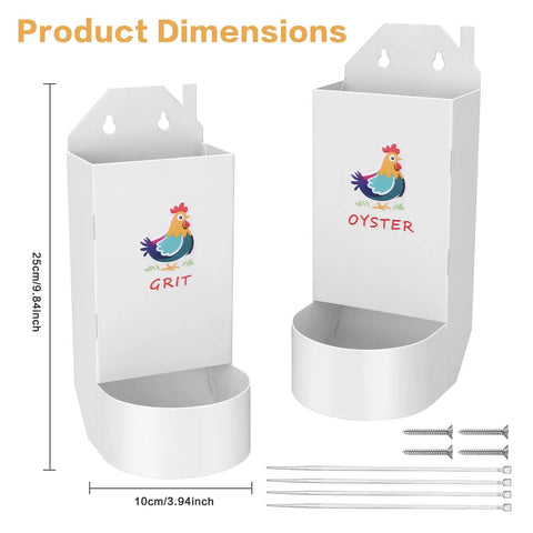 Heavy Gauge Hanging Chicken Grit And Oyster Shell Feeder With No Fuss Pour Spout dimensions, 25cm x 10cm, white steel with chicken graphics.