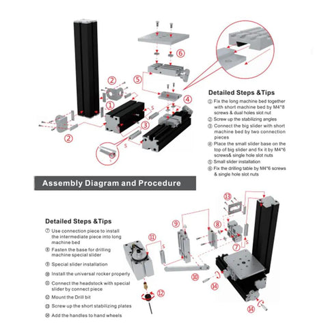 Assembly diagram for Heavy Duty All Metal Mini Bench Drill Press 36W, detailing parts and installation steps.