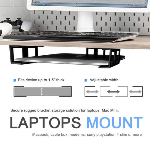 Under Desk Laptop Mount With Adhesive And Screws Aluminum Shelf Holder for Laptop And Accessories with Anti Scratch Silicone Pads installed under desk holding keyboard.