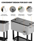 80 Quart Rolling Ice Chest On Wheels With Bottle Opener, Portable Patio Party Cooler Cart With Shelves For Beverages And Ice, Poolside Beverage Cooler For Backyard BBQs, Pool Parties And Indoor Events showing design features like drain hole, ergonomic lid handle, bottle opener with cap catcher, and convenient handle.