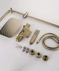 Slick Brushed Gold Thermostatic Shower System With Stable Flow Rainfall Head Wall Mounted Bathroom Faucet Set components laid out.