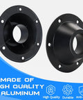 Top Notch Aluminum Rv Table Base Mount For Camper Pedestal Legs With Heavy Duty Rust Resistant Design Measuring 6 5 Inch Outer Diameter and Two Piece Flange Kit, showing two black aluminum flanges.
