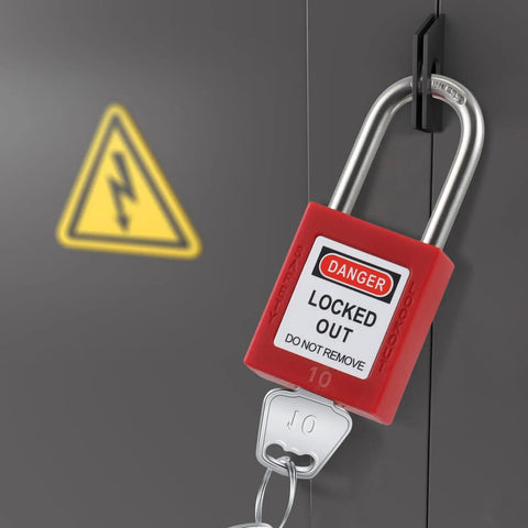 50 Piece Lockout Tagout Padlock Kit With Differently Keyed Safety Locks installed on electrical panel with warning sign.