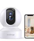 2K HD Pet Camera With 360 Degree Pan Tilt 8X Optical Zoom Night Vision next to phone displaying live feed of child and dog