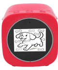 AI Sticker Printer With Voice Activated Label Maker And Thermal Printing Tech For Scrapbooking Perfect For Kids Adults With 2.4 Inch Display Rechargeable Battery For Family Game Nights showing a red printer with a dog image on its display.