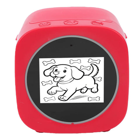 AI Sticker Printer With Voice Activated Label Maker And Thermal Printing Tech For Scrapbooking Perfect For Kids Adults With 2.4 Inch Display Rechargeable Battery For Family Game Nights showing a red printer with a dog image on its display.