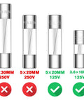 Comparison of glass fuses, highlighting correct sizes for 125V Glass Fuses Kit For Outdoor Christmas Lights And Fans, 100 Piece Replacement Set
