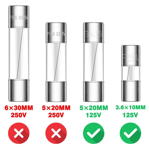 Comparison of glass fuses, highlighting correct sizes for 125V Glass Fuses Kit For Outdoor Christmas Lights And Fans, 100 Piece Replacement Set