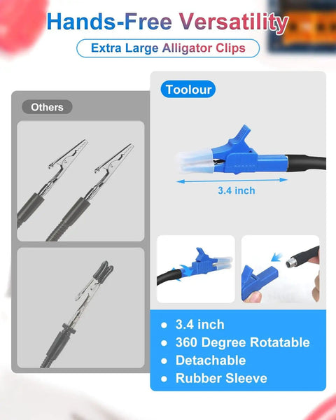 Comparison of alligator clips, showing 3.4-inch 360-degree rotatable clips for a Magnetic Third Hand Soldering Station with magnifier LED