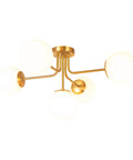 Brushed Gold Five-Globe Semi-Flush Mount Light With Dope Mid-Century Vibe, Low Ceiling Friendly, 27.5 Inch Wide Opal Frosted Globes