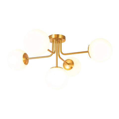 Brushed Gold Five-Globe Semi-Flush Mount Light With Dope Mid-Century Vibe, Low Ceiling Friendly, 27.5 Inch Wide Opal Frosted Globes