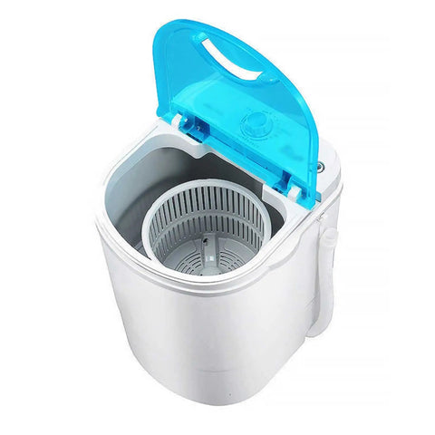 No Fuss Portable Washing Machine With Ultrasonic Deep Clean And Smooth Spiral Rinse 10 Lb Compact Washer Dryer Combo top view with blue lid and plastic drum
