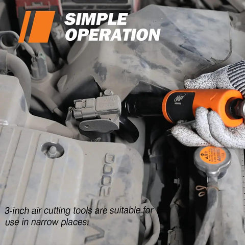 Mechanic using Beefy 3 Inch Pneumatic Cut Off Tool Kit With 5 Die Grinder Cut Off Wheels 18000 RPM Fast Air Powered Metal Sheet Cutter on car engine