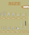 Dope Punk Studs And Spikes Kit Featuring 593 Heavy Duty Cone And Square Pyramid Studs Plus Awl Punch Set size guide and components layout.