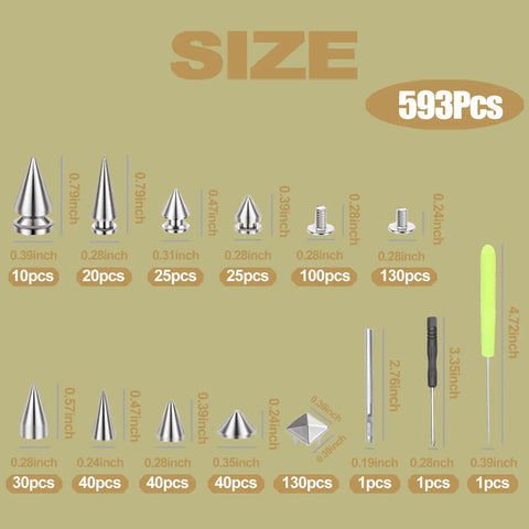 Dope Punk Studs And Spikes Kit Featuring 593 Heavy Duty Cone And Square Pyramid Studs Plus Awl Punch Set size guide and components layout.