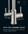 Top Tier Three Way Kitchen Faucet With Built In Water Filter Dispenser In Sleek Brushed Nickel Finish, showing drip-free ceramic valve for hot and cold water.