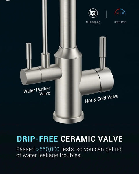 Top Tier Three Way Kitchen Faucet With Built In Water Filter Dispenser In Sleek Brushed Nickel Finish, showing drip-free ceramic valve for hot and cold water.