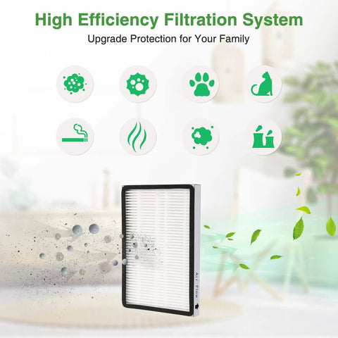 Six Pack 86889 Replacement Exhaust HEPA Filter Set for EF1 Vacs with filtration system benefits and icons displayed
