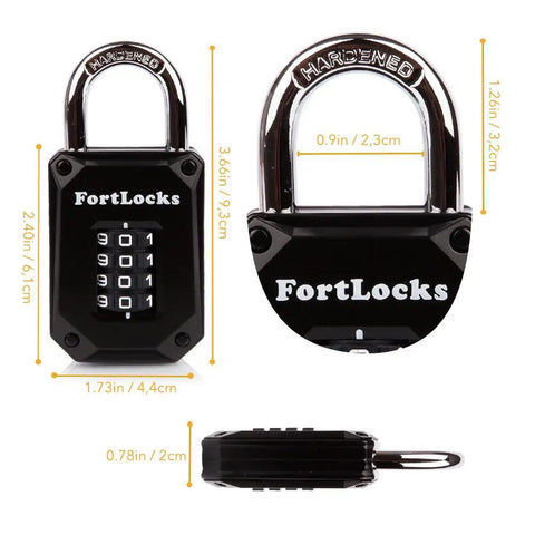 Gym Locker Lock With 4 Digit Combination, Tough As Nails Padlock, Hardened Stainless Steel, Weatherproof For Indoor And Outdoor Use, Easy To Read Numbers, Resettable And Cut Proof, 1 Pack Black, showing padlock dimensions and details.