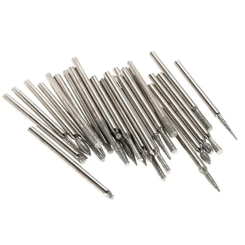 30 Piece 2.35Mm Shank Titanium Coated Diamond Burrs Set For Rotary Tools With Assorted Shapes, visible array on white surface.